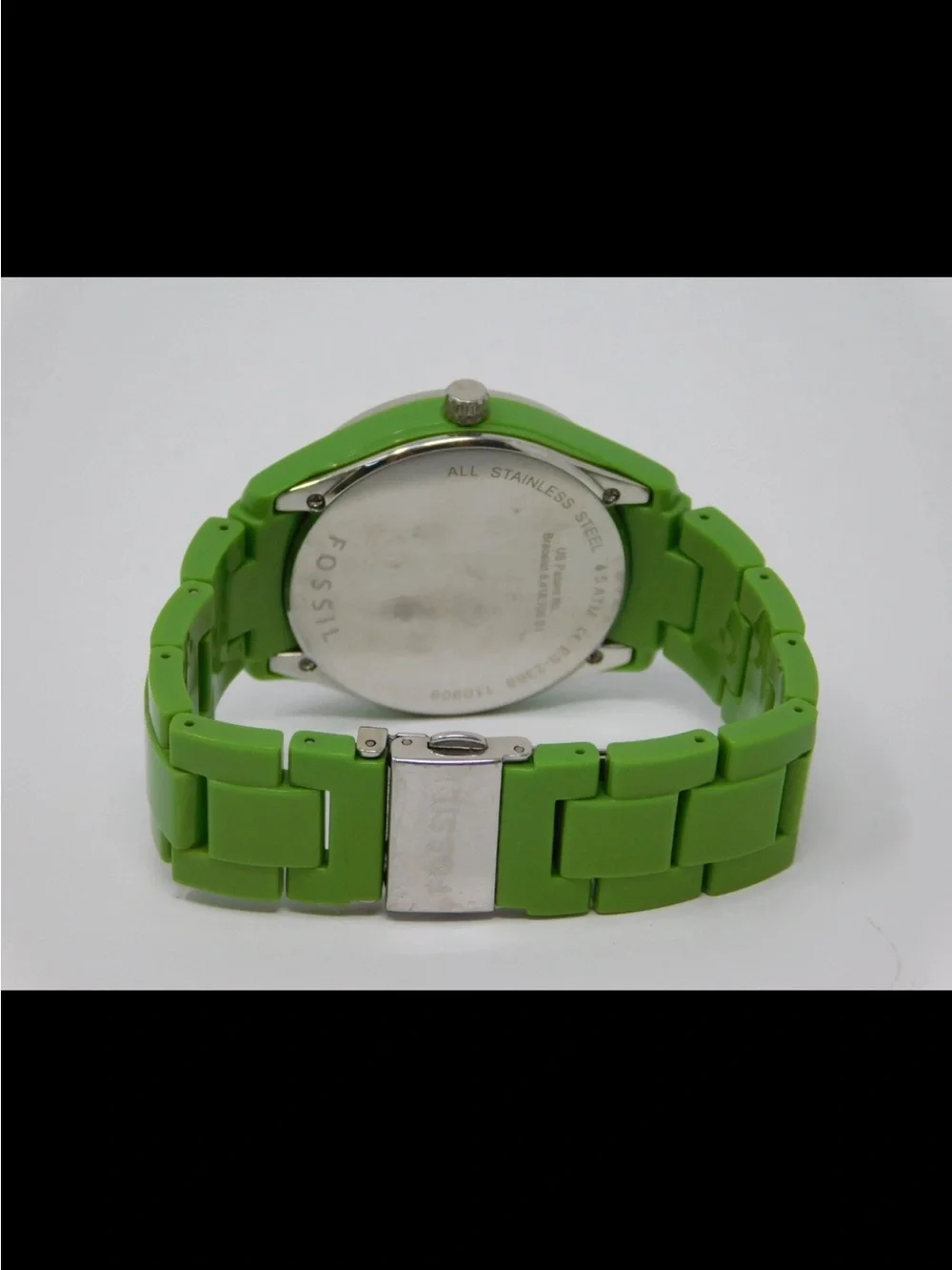 Fossil Women's Watch ES 2368 Lime Green Link Chrono White Dial Crystals Ladies